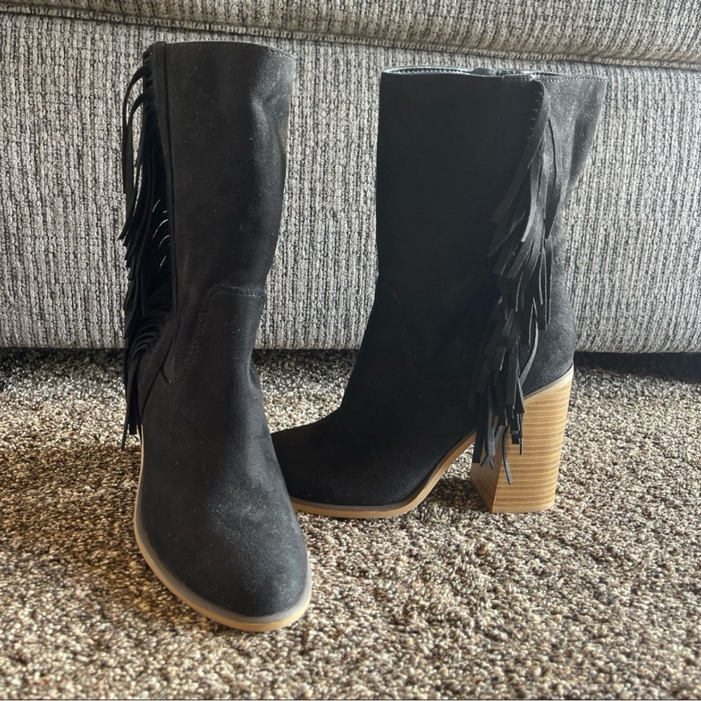 Soda Black Fringe Heeled Boots
